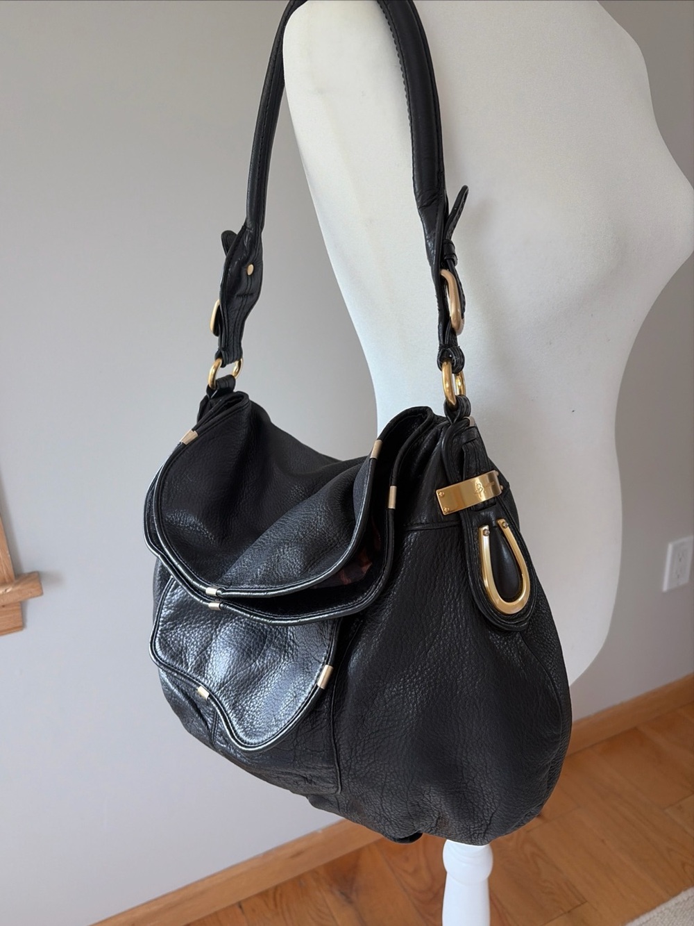 Vtg Y2K Makowsky Black Leather Hobo Foldover Magnetic Close Shoulder Bag 15x11”
